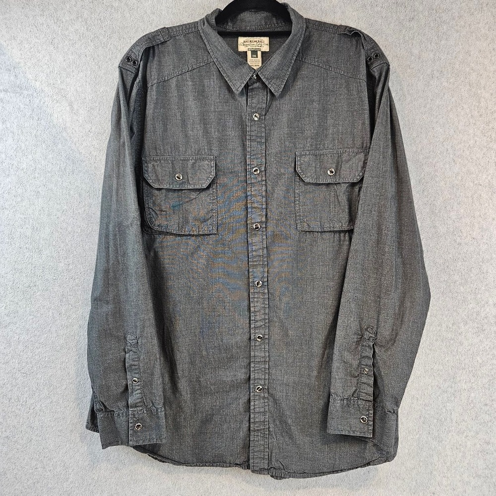 American Rag Mens XXL Gray Cotton Chambray Roll Tab Utility Button Down Shirt